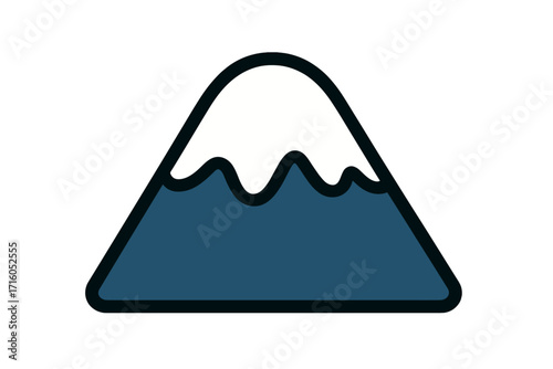 Mountain icon with snow cap. Flat vector illustration. Simple nature landscape symbol for travel, adventure, hiking. Snowy peak logo isolated on transparent background. Climb.
