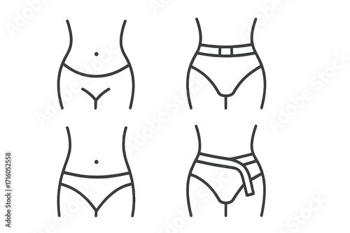 Weight loss and diet concept line icons. Woman waist with measuring tape. Female figure, belly, and hips for slimming, health, and fitness goals. Vector body illustration set.
