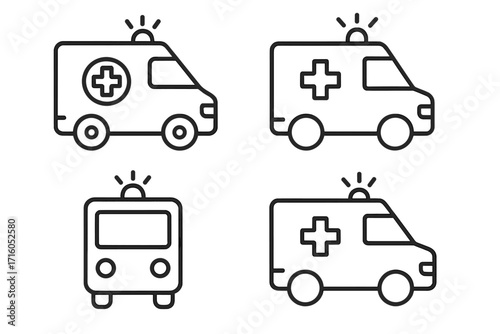 Ambulance truck line icons set. Emergency medical vehicle outline pictogram collection. Paramedic rescue service, hospital transport symbol. First aid, health care concept. Editable stroke.