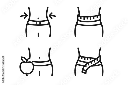 Waist line icons for weight loss, diet, and fitness. Body measurement with tape, healthy eating apple symbol. Slim figure, slimming, nutrition concept vector icons. Editable stroke.