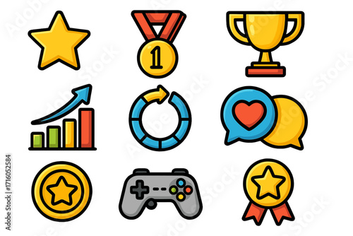 Gamification icon set for game achievement and reward system. Vector collection of trophy, medal, star, and progress chart. UI elements for level up, rating, and points.
