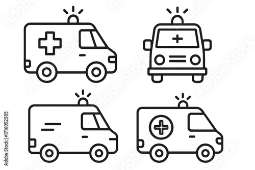 Ambulance icon set. Emergency medical vehicle collection. Line art icons for first aid, hospital, and rescue services. Simple outline design with editable stroke. Vector illustration.