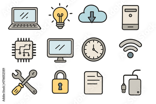 Technology and business doodle icon set. Vector cartoon illustration of computer hardware, web symbols, and office elements. Includes laptop, cloud, security, and data icons.