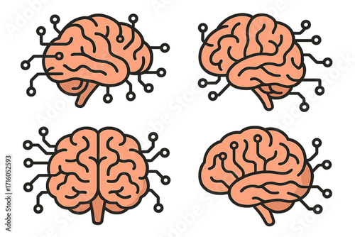 Artificial intelligence concept icon set. Human brain with digital circuit connections. Vector metaphor for AI, machine learning, neuroscience, innovation, cybernetics, tech.