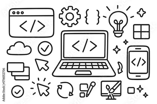 Web development doodle icon set. Hand-drawn vector line art illustration. Concept for coding, software programming, app design, user interface, UI, UX, and frontend.