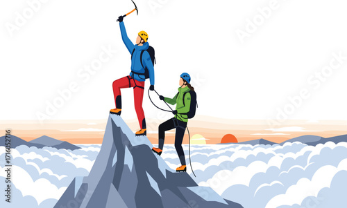 Mountain climbers, summit, achievement, teamwork, sunrise, dramatic clouds, ice axe, rope, backpacks, gear, peak, adventure, success, nature, altitude, challenge, outdoor, exploration, horizon, 