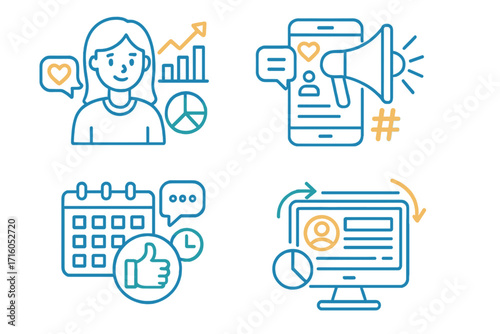 Social media management icon set. Digital marketing strategy, content planning, audience growth, user engagement analytics. Vector line art illustration for SMM concept.