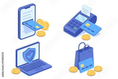 Online payment isometric illustration set. Mobile banking, secure transaction, e-commerce concept. Vector icons of credit card, POS terminal, laptop security, shopping.