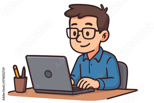 Man working on laptop computer at office desk. Cartoon vector character illustration. Concept for business, freelance, programming, studying, remote work. Isolated person.