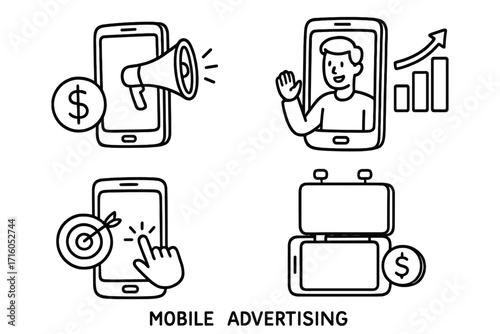 Mobile advertising and pay per click (PPC) doodle icon set. Digital marketing concept with target audience, online promotion, campaign, conversion, and ROI symbols.