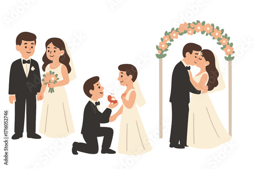 Wedding couple character set. Bride and groom getting married. Man proposing with ring, couple kissing under floral arch. Marriage ceremony cartoon vector illustration.