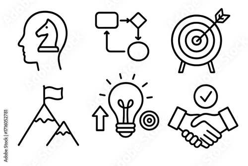 Business strategy and success icon set. Vector line art collection. Includes goal setting, planning, achievement, innovation, partnership, and strategic thinking concepts.