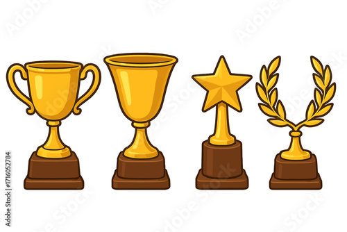 Gold trophy and awards vector icon set. Golden cups for first place. Champion prize, winner concept. Victory symbol collection. Star and laurel wreath. Cartoon illustration.