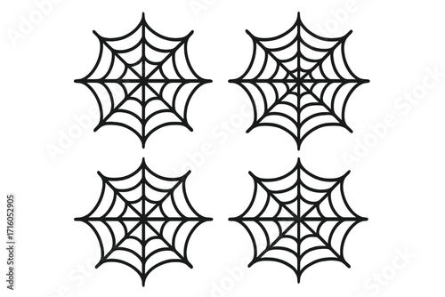 Set of spiderweb icons. Black cobweb symbols for Halloween design. Spooky scary spider web vector illustrations. Graphic trap line art for horror or gothic party invitation.