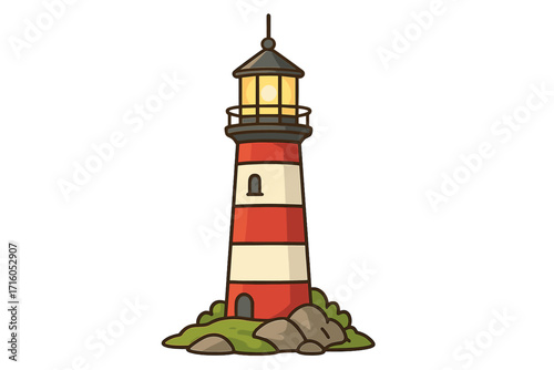 Cartoon lighthouse vector illustration. Red and white striped nautical beacon on a rocky island. Maritime symbol for safety, navigation, guidance, hope, and direction. Coastal searchlight icon.