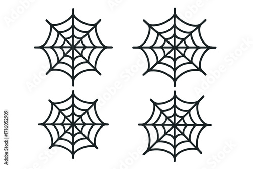 Spiderweb icon set. Cobweb symbol collection. Vector cartoon illustration for Halloween design. Spooky, scary arachnid net graphic element. Black linear trap pattern isolated.