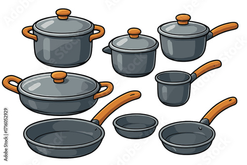 Cartoon vector cookware set. Kitchenware collection with pots, pans, frying pan, and saucepan. Cooking equipment and utensil illustration. Isolated household kitchen items.
