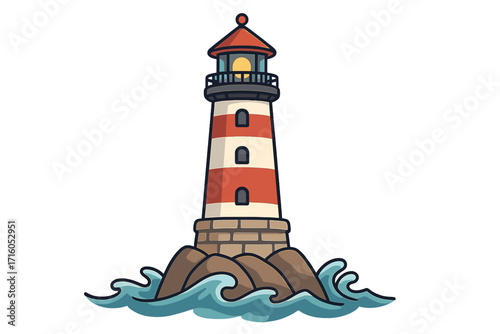 Lighthouse on rocks in the sea. Vector cartoon illustration of a coastal beacon tower. Concept of safety, guidance, navigation, hope. Nautical marine symbol. Seascape.