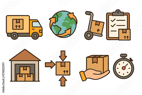 Logistics and delivery icon set. Worldwide shipping and transportation symbols. E-commerce supply chain management. Fast package service, warehouse storage, order tracking vector.