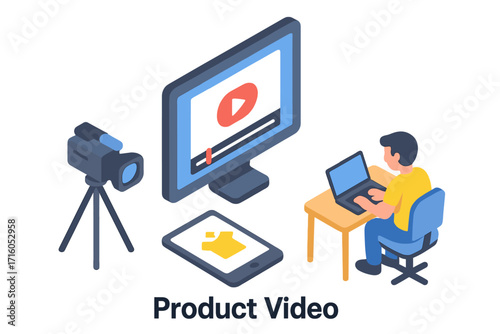 Isometric concept of product video production. Content creator at a desk with laptop and camera. Digital marketing, vlogging, and online tutorial creation vector illustration.