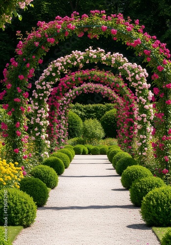 A beautiful and enchanting garden path lined with lush green bushes and adorned with vibrant pink and red roses cascading over elegant floral archways, creating a romantic and serene walkway