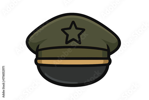 Military officer cap vector icon. Army general hat with star emblem. Flat cartoon illustration. Symbol of authority, armed forces, patriotism and service. Soldier uniform element.