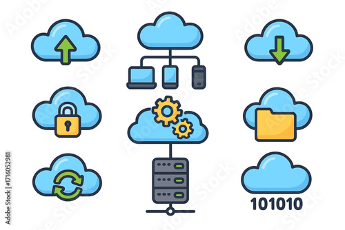 Data sharing technology concept. Cartoon characters transferring files between laptop and smartphone. Cloud computing service for online storage, synchronization and digital information exchange.