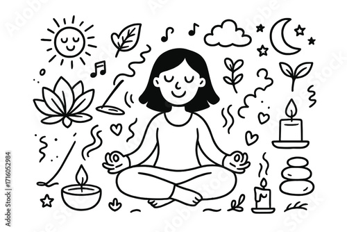 Meditation and yoga doodle vector set. Woman in lotus pose practicing mindfulness for mental health. Hand drawn icons for relaxation, self-care, wellness, calm, peace, and zen.