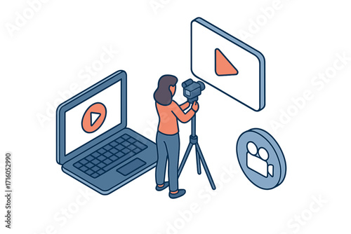 Isometric video production scene. Woman videographer character filming content for vlogging or digital marketing. Vector illustration with camera, laptop for streaming.