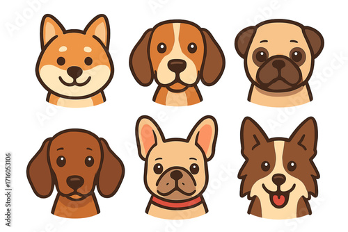 Set of cute dog face icons. Vector cartoon illustration of puppy heads. Breeds like shiba inu, beagle, pug, dachshund, french bulldog, corgi. Pet avatar collection.