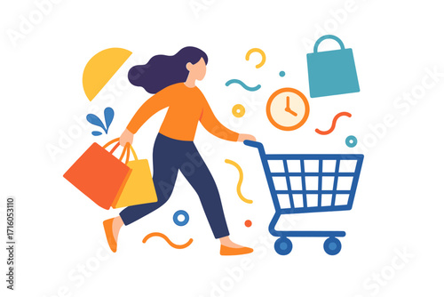 Woman running with shopping cart and bags. Shopper hurrying for sales and discounts. Fast shopping, consumerism concept. Last minute purchase. Flat vector cartoon character.