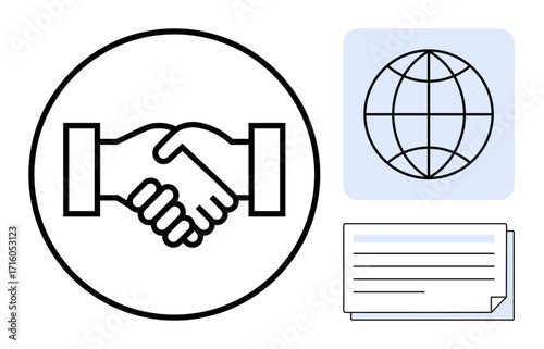 Handshake in circle, globe, and document highlight collaboration, trust, and global connection. Ideal for business, agreement, teamwork, unity commerce diplomacy simple flat metaphor
