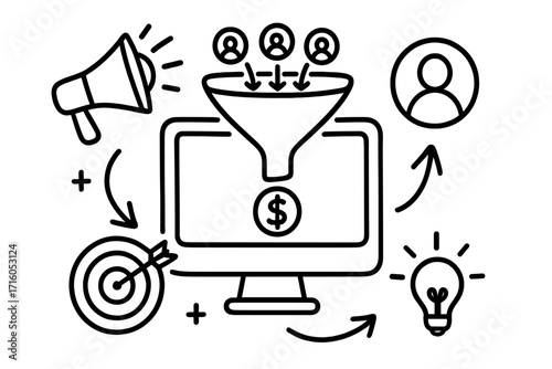 Digital marketing concept with sales funnel for lead generation. Customer acquisition and conversion process. Business strategy for targeting, ideas and profit. Doodle vector icon set.