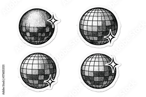 Disco ball halftone collage stickers. Vector torn paper effect. Vintage mirror ball illustration. Abstract cutout dotted globe with sparkles for party, music, retro design.