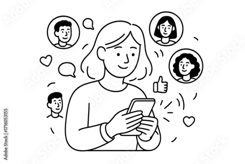 Social networking concept of a young woman using phone to connect with friends. Online communication in social media, messaging, liking posts. Doodle vector illustration.