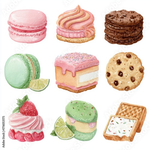 set of cakes isolated on white, watercolor cookies illustrations different tastes 