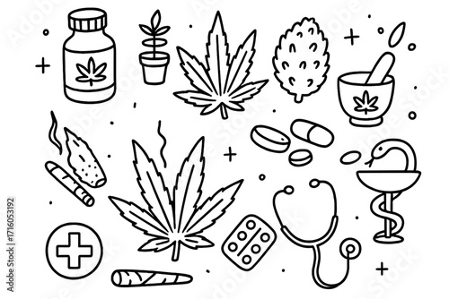Medical cannabis doodle set. Marijuana for medicinal purposes. CBD oil, leaf, and bud icons. Pharmacy and healthcare concept. Alternative medicine vector line art illustration.