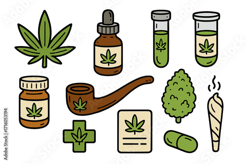 Medical cannabis icon collection. Marijuana, hemp, CBD oil, weed bud, joint, pipe. Health care, medicine, pharmacy concept. Legal drug, recreational dope, ganja symbols.