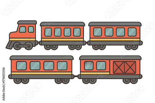 Cartoon train vector illustration set. Flat design locomotive, passenger and cargo wagon. Red railway transport for kids. Public transportation, travel and railroad icon collection.