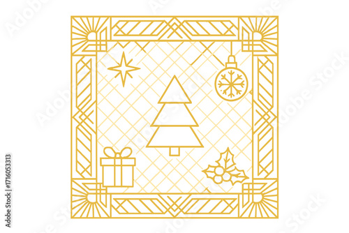 Gold line art deco Christmas and New Year frame. Luxury geometric border with simple holiday icons. Vintage festive linear design with tree, gift, star, and holly.