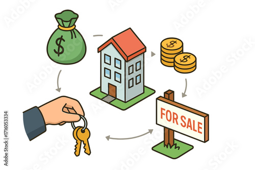 Real estate transaction concept. Buying and selling a house. Home ownership process with money, keys, and for sale sign. Property investment and mortgage financing vector.