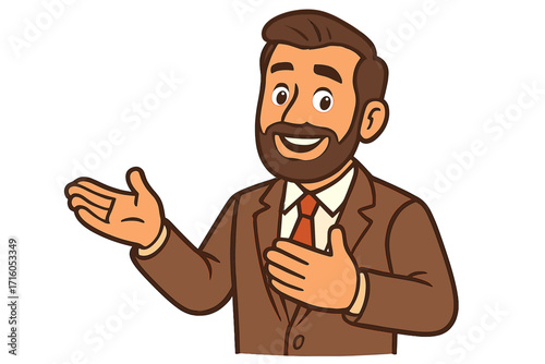 Businessman character presentation vector. Friendly cartoon manager in suit making a welcome gesture. Professional spokesperson mascot for business, advertising, or marketing.