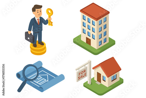 Real estate isometric icon set. Businessman agent with key on money. House for sale, apartment building, and blueprint. Property investment and mortgage concept vector illustration.