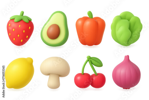 Colorful 3d fruits and vegetables collection on transparent background