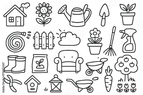 Gardening doodle icons set. Big collection of hand drawn line art garden tools and equipment. Vector cartoon illustration of flower, plant, tree, watering can, fence.