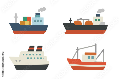 Ship and boat vector icon set. Flat cartoon illustration collection. Includes cargo container ship, oil tanker, cruise liner, and fishing trawler for maritime transport.