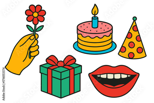 Happy birthday design elements set in trendy retro pop art style. Vintage halftone texture vector icons collection with cake, gift, flower, party hat, and smiling lips.