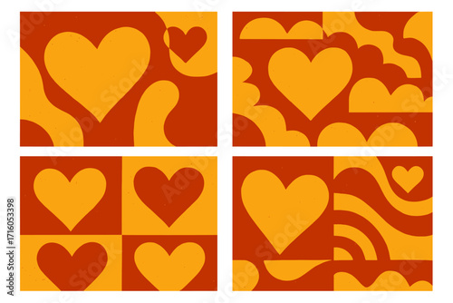 Valentine's Day cards set with abstract hearts. Minimalist duotone patterns in bold trendy style for February 14. Modern vector art design templates for background cover.