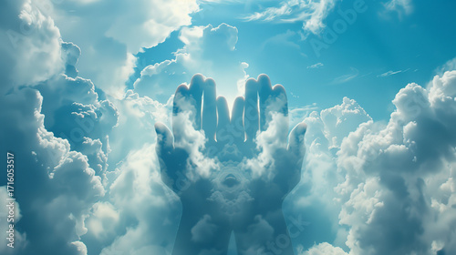 Praying hands made of cloud in the sky