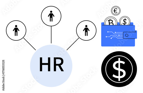 HR network connecting employees, financial symbols thumbs up dollar and cryptocurrency, and a digital wallet. Ideal for HR, payroll, recruitment, technology, finance, digital transformation